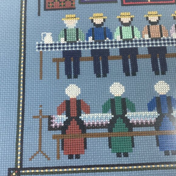 Vintage Handmade Amish Folk Barnraising Framed Cross Stitch 18.5"x14" - Picture 5 of 9
